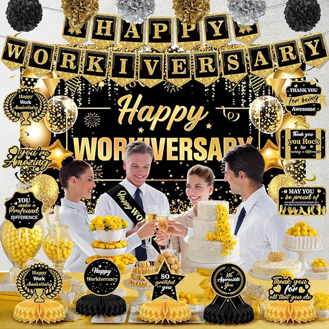 Black Gold Happy Workiversary Decorations Happy Work Anniversary Banner Honeycomb Centerpieces Hanging Swirls Tissue Paper Pompoms Sash Set for Men Women Office Employee Appreciation Party Supplies