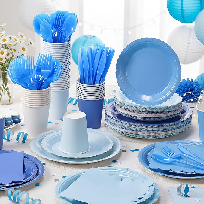 Zhehao 175 Pcs Blue Party Supplies Set Blue Disposable Tableware Kit with Plates, Cups, Napkins, Cutlery in Natural Earth Tones for Baby Shower, Birthday, Wedding Forest Events