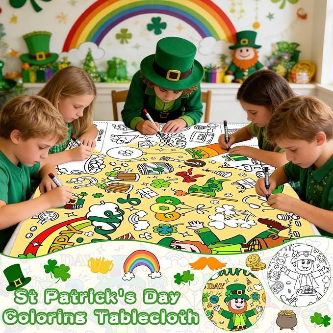 St Patricks Day Coloring Tablecloth/Poster, St Patrick Day Decorations, 72" X 30" Gaint Paper Coloring Tablecloth for Kids Crafts Activities, DIY St Patricks Party Supplies Gifts for Classroom Family