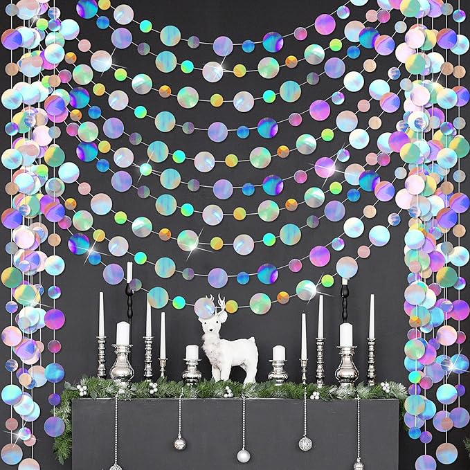 Outus 10 Pieces Round Dots Garland Iridescent Party Decorations Holographic Circle Garlands Each Length 13.1ft Glitter Paper Dot Streamers for Birthday Wedding Classroom (Laser Silver)