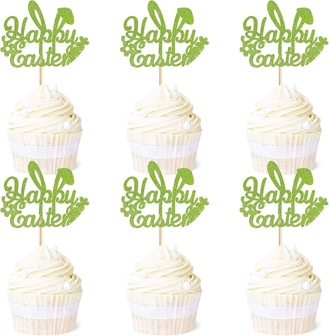 Ercadio 24Pcs Happy Easter Cupcake Toppers Glitter Green Happy Easter Bunny Ears Cupcake Picks for Easter Day Theme Baby Shower Easter Birthday Party Cupcake Decorations