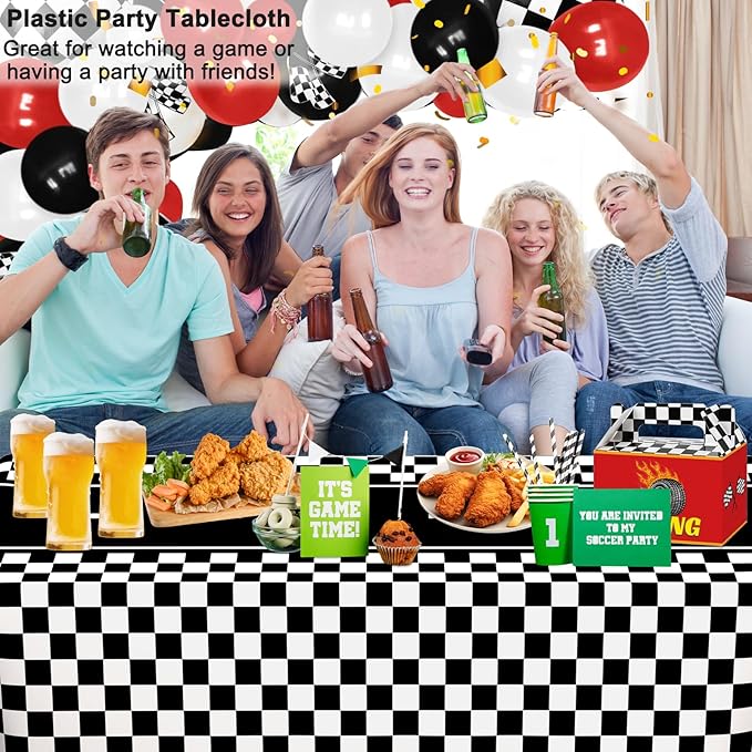WNINK 4 Pack Race Car Table Cloth Black and White Gingham Tablecloths Disposable Plastic Buffalo Check Tablecloth Checkered Flag Covers for Birthday, Outdoor Picnic, Birthday, Camping 54 × 108 Inch