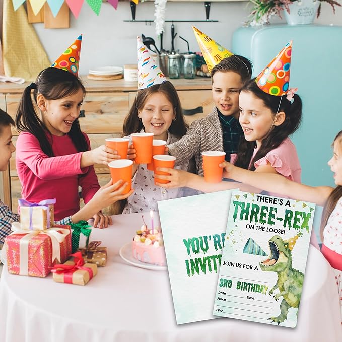 3RD Birthday Party Invitations- There's A Three-Rex On The Loose - 20-Pack of 4''x6'' Invite Cards with Envelopes, Double-Sided Fill In Birthday Party Celebrate Supplies & Decoration For Boys - A06