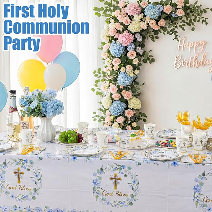 Pickmesh 194 Pcs God Bless Baptism Party Decoration Boy for 24, Blue Floral Baptism Paper Plate Napkin Cup Tablecloth Cutlery First Holy Communion Tableware for Christening Baby Shower Supplies