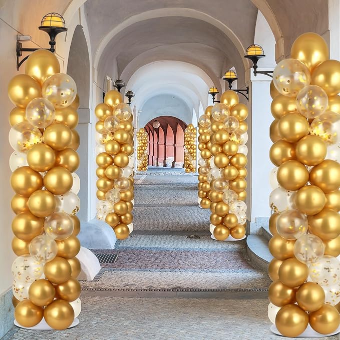 2 Sets Metallic Gold Balloon Column Stand Kit with 100 Balloons Adjustable Balloon Tower Stand with Bases for Floor Gold Confetti Balloons Column Kit for Shower Birthday Wedding Back to School Party