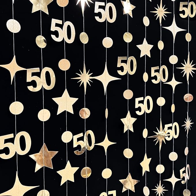Champagne Gold 50th Birthday Decorations Number 50 Circle Dot Star Garland Metallic Streamer Banner for Women Mens Cheers to 50 Years Old Birthday Happy 50th Anniversary Vintage 1975 Party Supplies