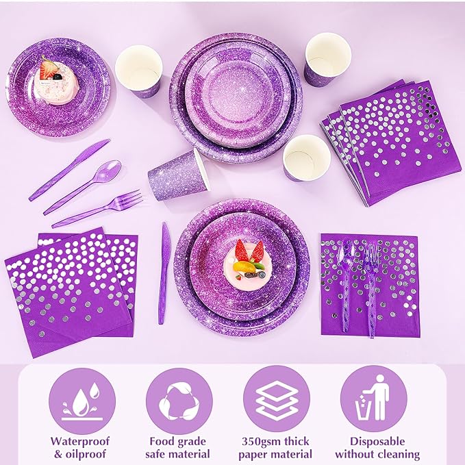 Hushee 175 Pcs Purple Holographic Print Party Supplies Guests Disposable Dinnerware Set Include Paper Plates, Napkins, Cups, Plastic Cutlery for Wedding Birthday Disco Bachelorette
