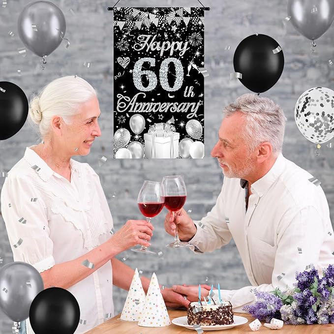 60th Anniversary Decorations Small Banner Black Silver Happy 60th Anniversary Door Hanging Banner Porch Front Door Decor for Women Men 60 Years Diamond Wedding Anniversaries Cruise Door Sign Supplies