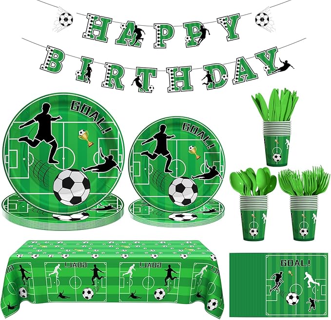 Soccer Birthday Decorations, 170 Pcs Soccer Party Decorations Including Banner, Plates, Cups, Napkins, Cutlery, Straws and Tablecloths, Serves 24