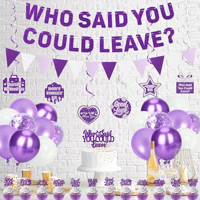 Roetyce Farewell Party Decorations, Purple Silver Who Said You Could Leave Banner Cake Toppers Balloons Hanging Swirls, Going Away Retirement Leaving Party Decorations, Coworker Goodbye Party Supplies