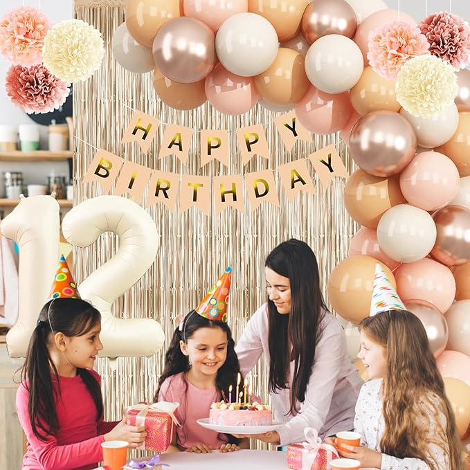 Beige 12th Birthday Decorations Girls Boys Cream Number 12 Balloon Nude Gold Happy Birthday Banner Fringe Curtain Paper Pom Poms Blush White Sand Champagne Star Foil Balloons Neutral Boho Party Decor