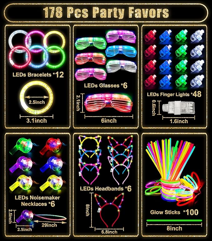 178 Pcs Glow In The Dark New Years Eve Party Supplies 2026 Decorations with 6 Led Glasses 6 Light Up Headbands 12 Flashing Bracelets 6 Noise Makers Necklaces 100 Glow Sticks Party Favors for New Years