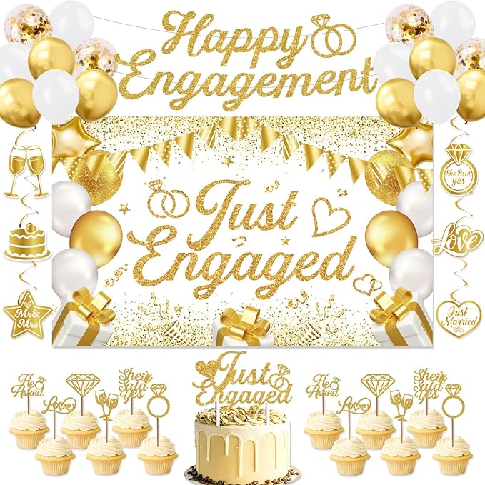Engagement Party Decorations - Just Engaged Decorations Happy Engagement Banner Backdrop Balloons Hanging Swirls for Congratulations Wedding Bachelorette Party Decorations (White-Gold)