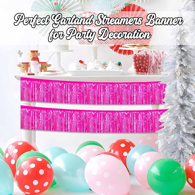3 Pack 10 Ft Fuchsia Foil Fringe Garland Metallic Streamers Tinsel Banner Wall Hanging Garland Backdrop for Parade Floats, Halloween, Christmas, Thanksgiving, New Year Party Decorations