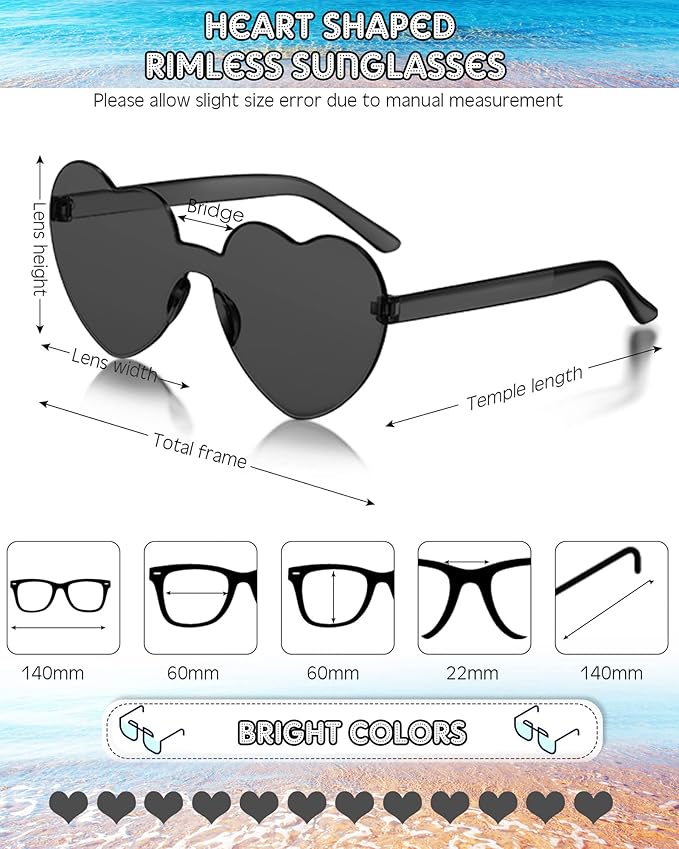 Photect 12 Pair Heart Shaped Sunglasses Neon Color Transparent Heart Glasses for Women Party Favor