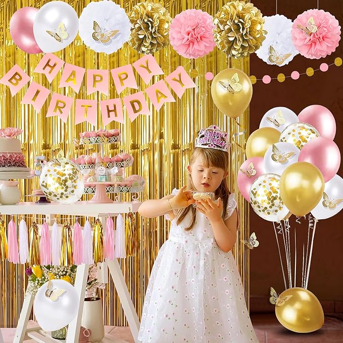 Pink and Gold Birthday Party Decorations for Women with Happy Birthday Banner,Curtains, Butterfly Wall,Circle Dots Garland,Tissue Pompoms,Paper Tassels Garland for Her