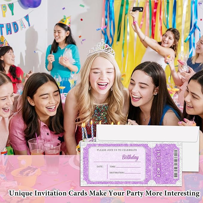 Purple Glitter Birthday Invitation Ticket, Purple Glitter Birthday Invitation for Teen Adult, 20 Pink Ticket With Envelopes, 3.5 x 8" Double-Sided Fill In Birthday Party Personalized Invites Cards - C