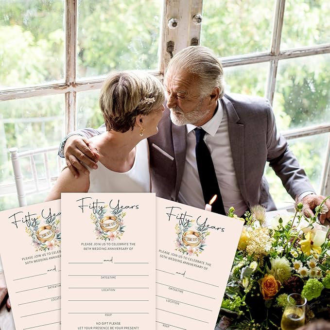 Floral Ring 50th Wedding Anniversary Invitations, 50th Anniversary Invites, 50 Years Wedding Party Supplies, 25 Pcs Cards & Envelopes /14