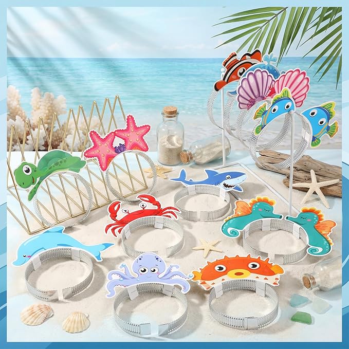 Blosssound 12 Pcs Sea Animal Headbands Fall Party Favor Gift Under the Sea Paper Head Bopper Ocean Animals Headwear Beach Summer Costume Accessories Photo Prop Decoration Supplies