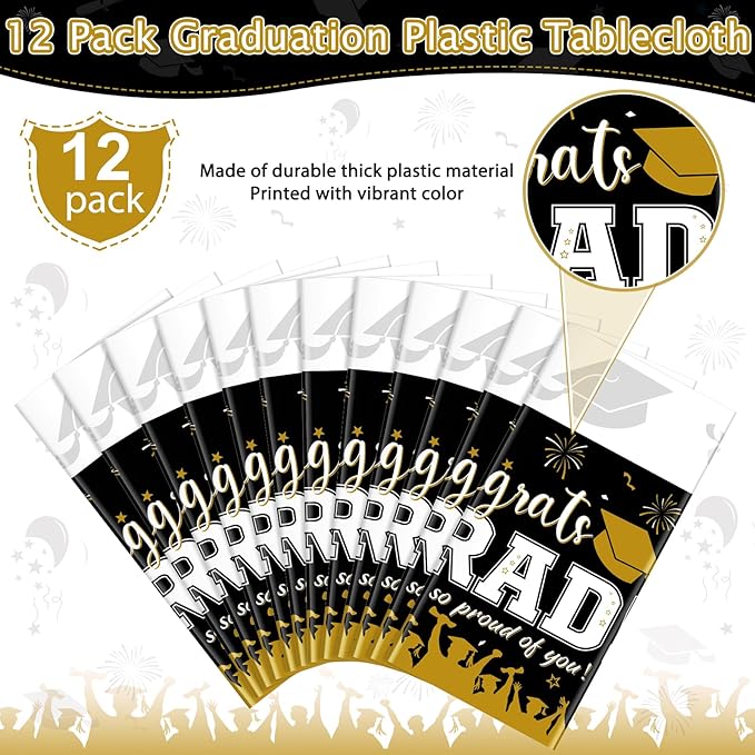12Pack Graduation Tablecloth Party Decorations, Class of 2026 Congrats Grad Plastic Tablecover Party Supplies, Black and Gold Rectangle Graduation Table Decor for College High School Party, 54x108Inch