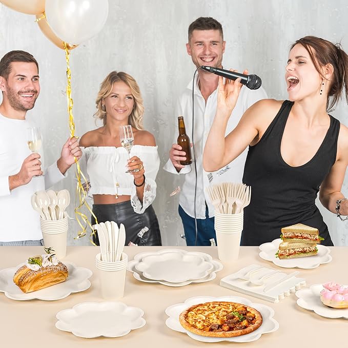 350 Pcs Ivory Paper Plates and Napkins Set, Tableware Set for 50 Guests Include Disposable Ivory Scalloped Plates, Napkins, Cups, Knives, Forks & Spoons for Baby Shower Wedding Bridal Shower Birthday