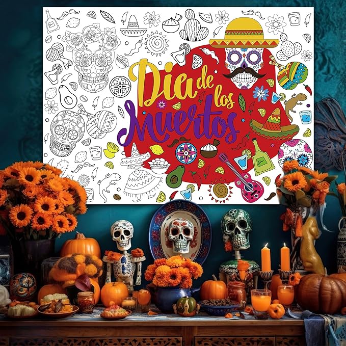 ZOIIWA Day of The Dead Giant Coloring Poster Dia De Los Muertos Large Coloring Posters Sheets Sugar Skulls Tablecloth Mexican Fiesta Party Banner for Home Wall Decor Drawing DIY Painting Crafts