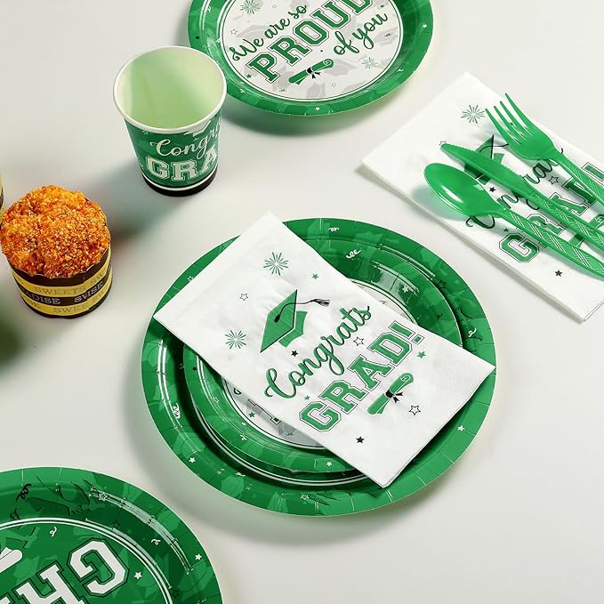 Graduation Party Supplies Congrats Grad Plates and Napkins Set Disposable Tableware Paper Plates Napkins Cups Knives Spoons Forks Straws for Class of 2026 Graduation Party Decorations Serve100 (Green)