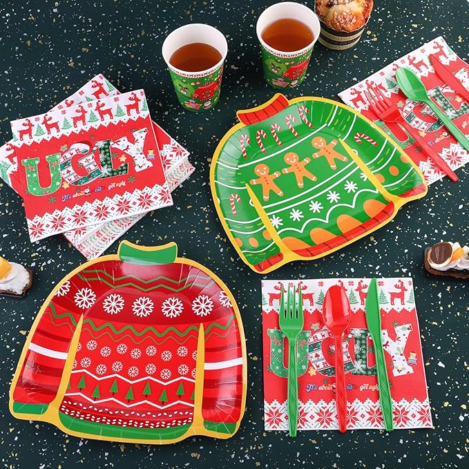 durony 168 Pieces Ugly Sweater Christmas Paper Plates Ugly Sweater Party Decorations Xmas Disposable Dinnerware Set Ugly Party Plates Napkins Cups Cutlery Party Supplies Set, Serves 24 Guests