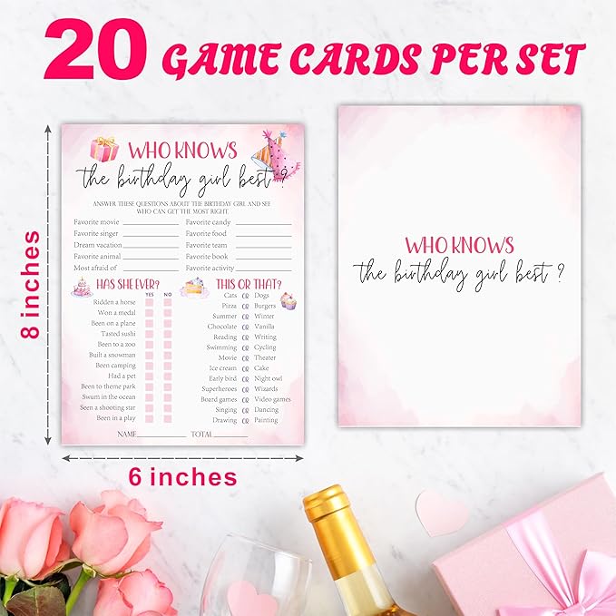 6"X8" Who Knows The Birthday Girl Best - Watercolor Pink Funny Double-Sided 3-in-1 Game Card Set For Birthday Party, Sleepover Party Activities & Supplies (20 Pcs)- A03