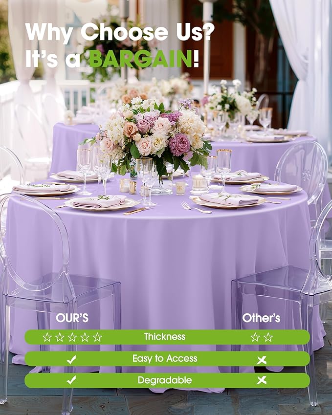 Pureegg Plastic Table Cloth Disposable 10 Pack, 84'' Round Table Cloths, Easter Party, Decorative Tablecloths, Round, Light Purple, Pastel, Plastic Cover, Leakproof & Sturdy, Lilac, Lavender
