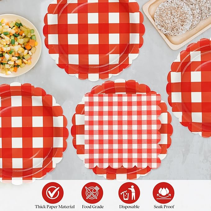50PCS Red Gingham Party Supplies - 7Inch Red Scalloped Dessert Paper Plates and Napkins Set Disposable Plaid Dinner Party Set Cutlery for Baby Shower Birthday Wedding, Serve 25