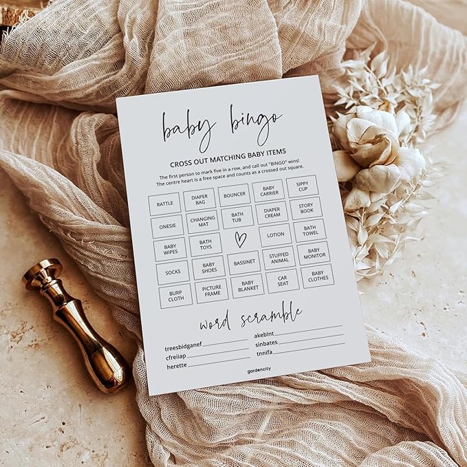 Baby Shower Bingo Game (50 Unique Cards), Pre-Filled, Baby Shower Games, Added Word Scramble - Minimalist