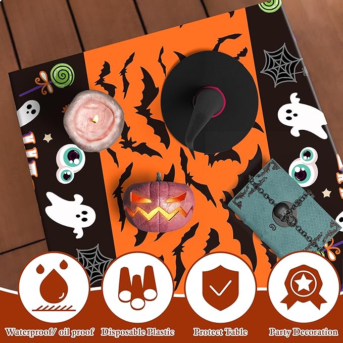 OHOME Halloween Decorations - 2 Pack Plastic Tablecloth for Halloween Party Decorations | Skeletons Bats Ghosts Pumpkin Table Decor for Outdoor Indoor Party Favors Supplies Backdrop Banner