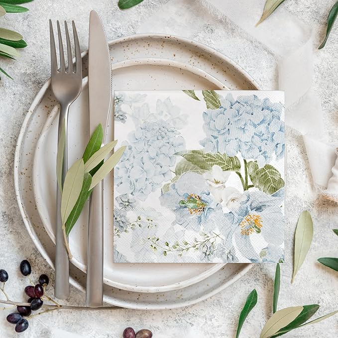 LeZakaa 25Pcs Hydrangea Guest Napkins, 3-Ply Floral Cocktail Beverage Bar Square Disposable Napkins Hand Towels for Wedding Engagement Bridal Shower Birthday Tableware Party Supplies, 5 x 5 In