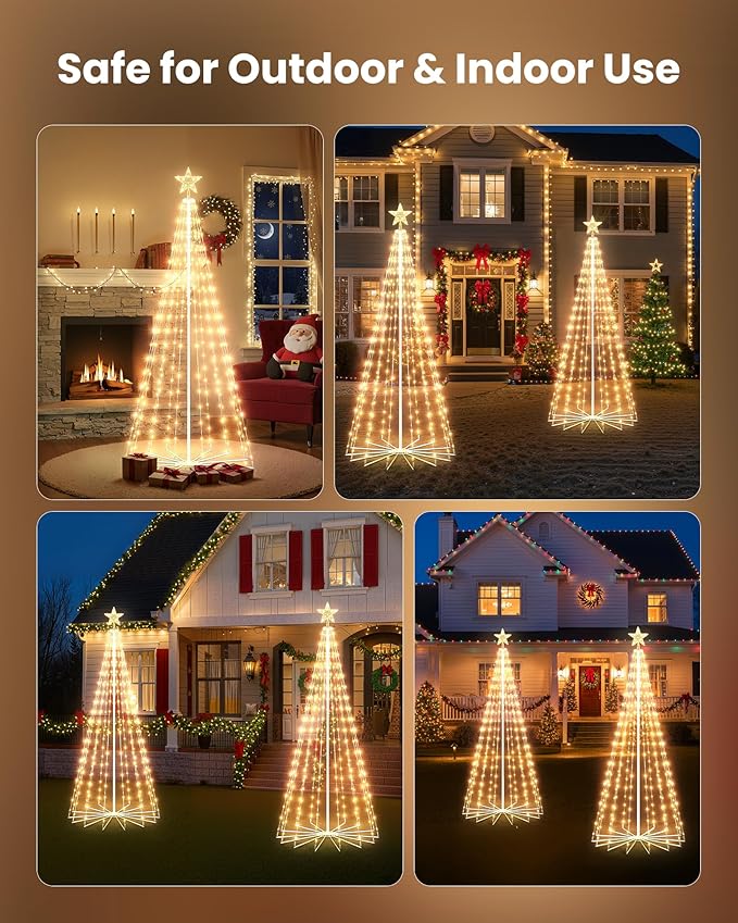 Outdoor Christmas Cone Tree Light with Remote, 3Set 4/5/6ft Lightshow Christmas Tree with Star Topper, Dimmable Artificial Christmas Tree for Porch Yard Patio Indoor Christmas Decorations, Warm White