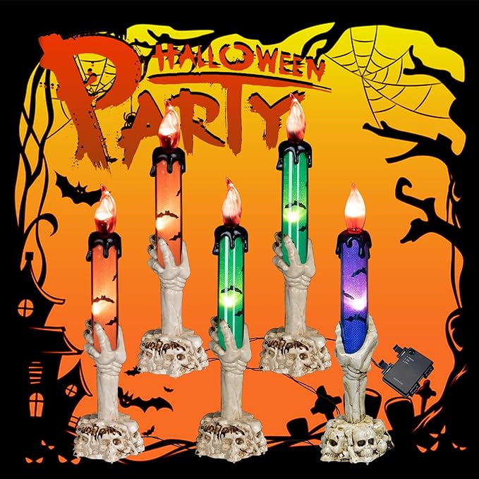 Hourleey Halloween Decorations, 5 Pack Skull Candle Lights with Stakes, Battery Operated Waterproof Pathway Decor with Timer for Indoor Outdoor Front Pathway Lawn Yard Garden