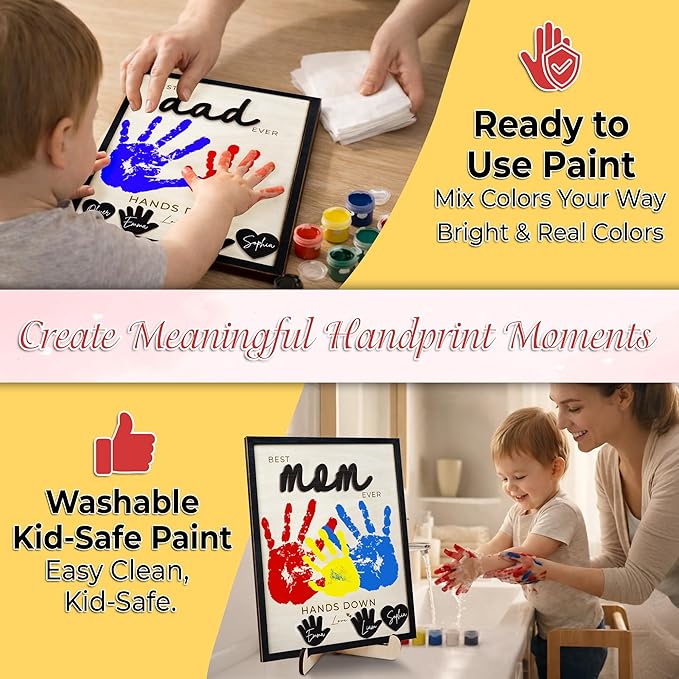10" Hands Down Best Mom Ever DIY Handprint Kit with Acrylic Paints, Art Craft Family Keepsake Wood Frame Mom Keychain Birthday Gift Mother's Day for Mum, Family Memories Sign with Kids Names HF90-M