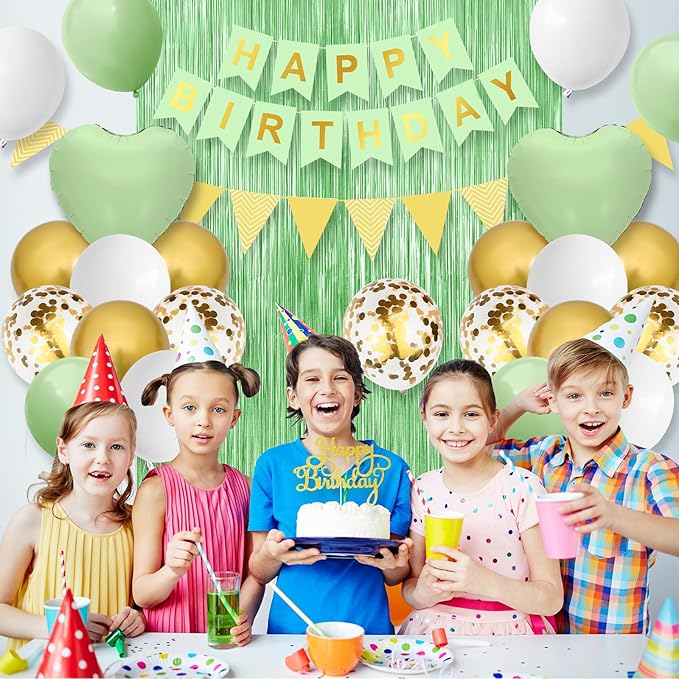 Sage Green Birthday Decorations - Party Decorations with Green, Gold, White Balloon Heart Foil Balloons, Olive Happy Birthday Banner Fringe Curtain for Women, Girls, Boys, Men, Adults
