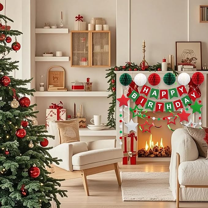 Red Green and White Birthday Decorations,Happy Birthday Banner with Honeycomb-Style Decorative Balls,Feet Circle Dot Garland,Stars Swirls Streamers,Happy Birthday Decorations for Women Men Girls Boys