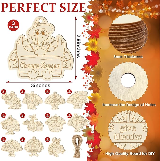 36PCS Wooden Thanksgiving Decoration Turkey Ornaments to Paint Thanksgiving Ornaments for Tree Crafts Cutouts Unfinished, DIY Blank Fall Unfinished Turkey Pumpkin Ornament for Home Harvest Hanging