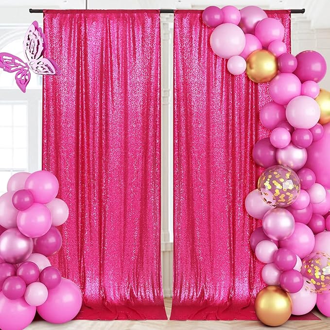PartyDelight Hot Pink Sequin Backdrop 5x10ft 2 Panels - High Density 3mm Shimmer Sequin Background with 4-Inch Rod Pocket, Sparkly Photography Curtain for Wedding, Stage & Event Decor