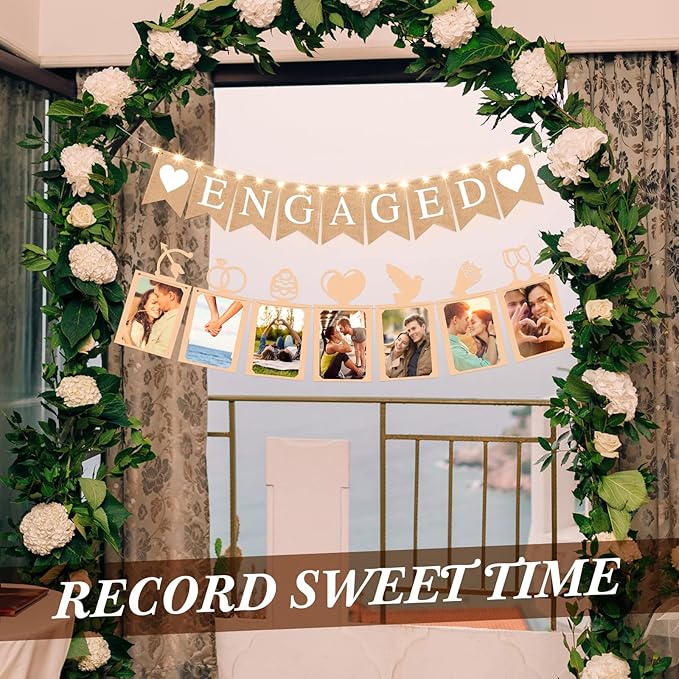 2 Pieces Engaged Banner and Photo Banner with String Lights Engagement Party Decorations Burlap Romantic Engaged Sign Bunting Garland for Wedding Anniversary Bridal Shower Backdrops Photo Props