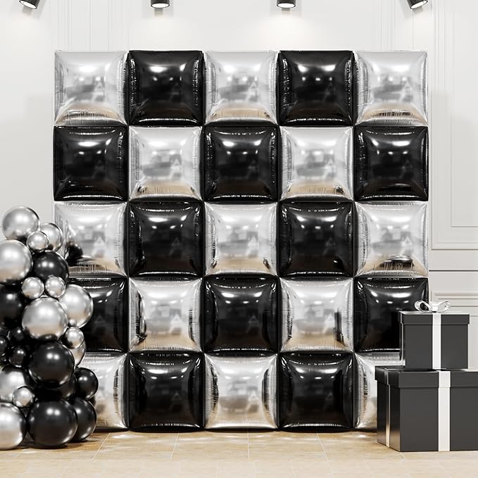 Black and Silver Double Sided Square Foil Balloons Wall,19 Inches Chrome Silver Metallic Foil Balloons Tunnel Arch Kit for 2026 Graduation Decorations,Anniversary Birthday Party Background Decoration