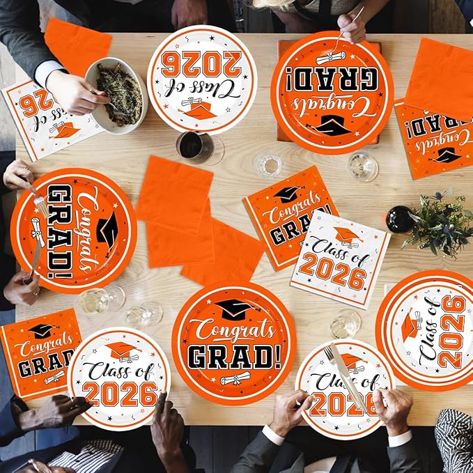 Graduation Party Plates and Napkins Orange Class of 2026 Grad Congrats Party Supplies Disposable Dessert Paper Plates Cocktail Napkins forGraduation Party Decorations,Serve 50