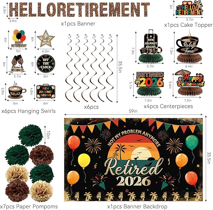 Holkcog Retirement Party Decoration, Vintage 2026 Retired Banner Background, Hello Retirement Honeycomb Centerpieces Hanging Swirls Cake Top, Office 2026 Retired Farewell Good Luck Goddbye Party Decor