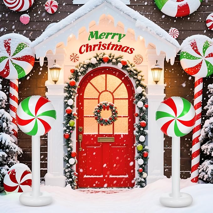 2 Pcs Christmas Inflatable Outdoor Decorations 4 FT Christmas Candy Inflatable Column Decoration for Winter Xmas Lawn Yard Garden Home Decor