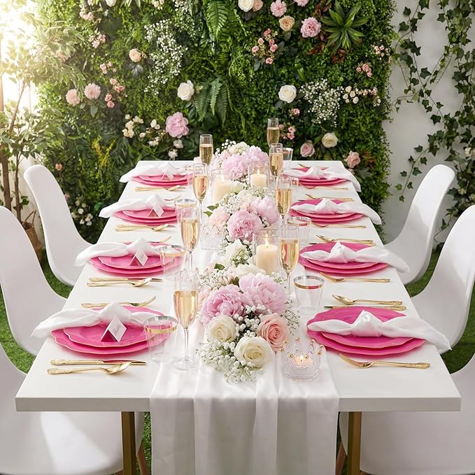 NOCCUR 175PCS Hot Pink Plastic Plates with Gold Disposable Silverware - Include 50 Hot Pink Plates,25 Knives,25 Forks,25 Spoons,25 Cups and 25 Napkins - Ideal for Party/Easter Day
