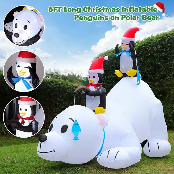 6 FT Christmas Inflatable Outdoor Decoration Polar Bear with Penguins, Xmas Blow Up Yard Decoration with Built-in LED Lights, Suitable for Christmas Party Outdoor, Yard, Garden, Lawn Holiday Decor