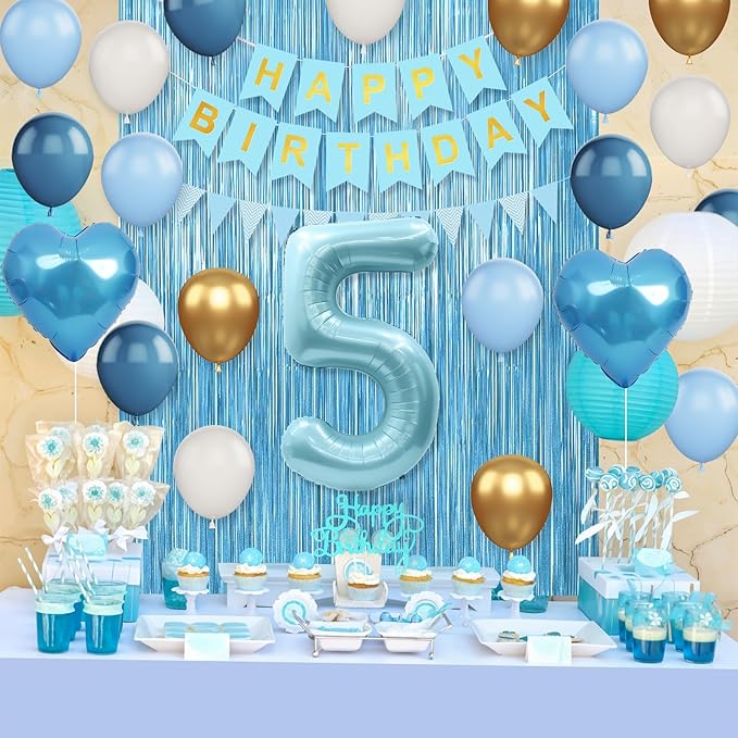 5th Birthday Decorations Blue White Gold,5th Birthday Balloons with Happy Birthday Banner Fringe Curtain Heart Foil Balloons for Boys Girls 5 Year Old Birthday Decor