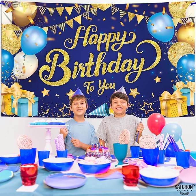 KatchOn, XtraLarge Blue and Gold Happy Birthday Banner - 72x44 Inch | Blue and Gold Bday Backdrop for Happy Birthday Decorations | Party Decorations for Men and Women